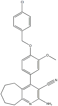 2-amino-4-{4-[(4-chlorobenzyl)oxy]-3-methoxyphenyl}-6,7,8,9-tetrahydro-5H-cyclohepta[b]pyridine-3-carbonitrile,398136-38-4,结构式