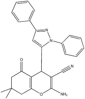 2-amino-4-(1,3-diphenyl-1H-pyrazol-5-yl)-7,7-dimethyl-5-oxo-5,6,7,8-tetrahydro-4H-chromene-3-carbonitrile 化学構造式