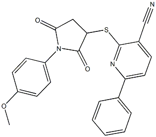 2-{[1-(4-methoxyphenyl)-2,5-dioxopyrrolidin-3-yl]thio}-6-phenylnicotinonitrile Struktur