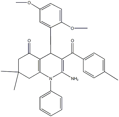 2-amino-4-(2,5-dimethoxyphenyl)-7,7-dimethyl-3-(4-methylbenzoyl)-1-phenyl-4,6,7,8-tetrahydro-5(1H)-quinolinone Struktur