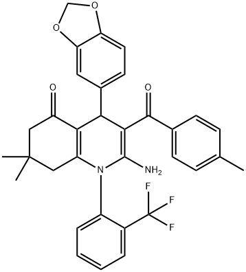 2-amino-4-(1,3-benzodioxol-5-yl)-7,7-dimethyl-3-(4-methylbenzoyl)-1-[2-(trifluoromethyl)phenyl]-4,6,7,8-tetrahydro-5(1H)-quinolinone Structure