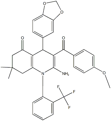 2-amino-4-(1,3-benzodioxol-5-yl)-3-(4-methoxybenzoyl)-7,7-dimethyl-1-[2-(trifluoromethyl)phenyl]-4,6,7,8-tetrahydro-5(1H)-quinolinone 结构式