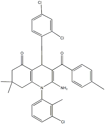 2-amino-1-(3-chloro-2-methylphenyl)-4-(2,4-dichlorophenyl)-7,7-dimethyl-3-(4-methylbenzoyl)-4,6,7,8-tetrahydroquinolin-5(1H)-one Struktur