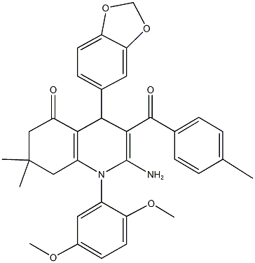 2-amino-4-(1,3-benzodioxol-5-yl)-1-(2,5-dimethoxyphenyl)-7,7-dimethyl-3-(4-methylbenzoyl)-4,6,7,8-tetrahydro-5(1H)-quinolinone Structure