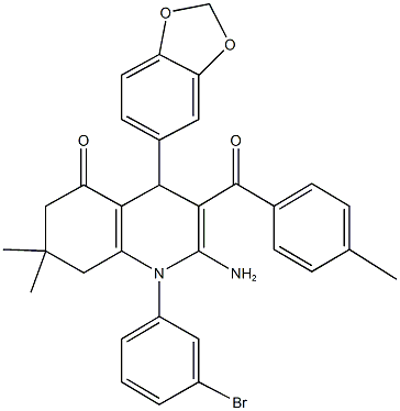 2-amino-4-(1,3-benzodioxol-5-yl)-1-(3-bromophenyl)-7,7-dimethyl-3-(4-methylbenzoyl)-4,6,7,8-tetrahydro-5(1H)-quinolinone 结构式
