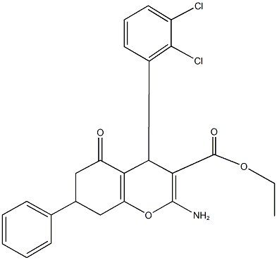 ethyl 2-amino-4-(2,3-dichlorophenyl)-5-oxo-7-phenyl-5,6,7,8-tetrahydro-4H-chromene-3-carboxylate 化学構造式