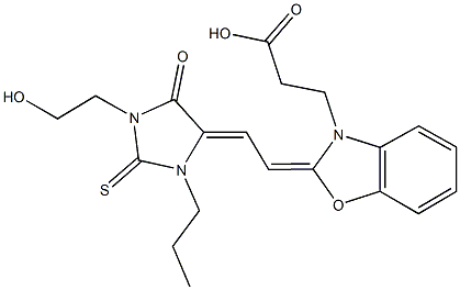 3-(2-{2-[1-(2-hydroxyethyl)-5-oxo-3-propyl-2-thioxo-4-imidazolidinylidene]ethylidene}-1,3-benzoxazol-3(2H)-yl)propanoic acid,400878-83-3,结构式