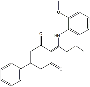 2-[1-(2-methoxyanilino)butylidene]-5-phenyl-1,3-cyclohexanedione Struktur