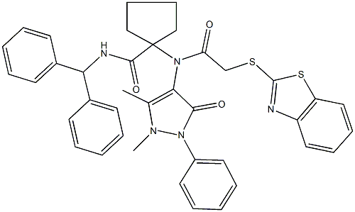 N-benzhydryl-1-[[(1,3-benzothiazol-2-ylsulfanyl)acetyl](1,5-dimethyl-3-oxo-2-phenyl-2,3-dihydro-1H-pyrazol-4-yl)amino]cyclopentanecarboxamide Struktur