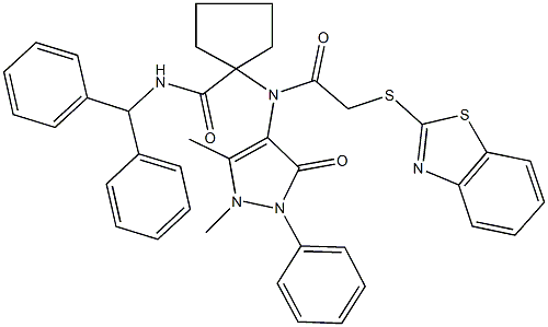 N-benzhydryl-1-[[(1,3-benzothiazol-2-ylsulfanyl)acetyl](1,5-dimethyl-3-oxo-2-phenyl-2,3-dihydro-1H-pyrazol-4-yl)amino]cyclopentanecarboxamide Structure