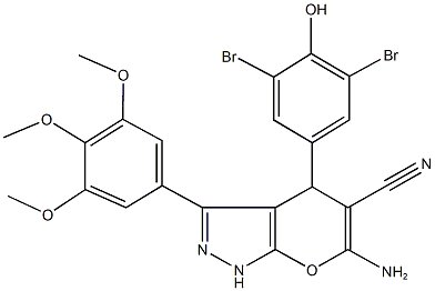 6-amino-4-(3,5-dibromo-4-hydroxyphenyl)-3-(3,4,5-trimethoxyphenyl)-1,4-dihydropyrano[2,3-c]pyrazole-5-carbonitrile 结构式