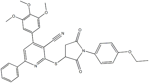 2-{[1-(4-ethoxyphenyl)-2,5-dioxo-3-pyrrolidinyl]sulfanyl}-6-phenyl-4-(3,4,5-trimethoxyphenyl)nicotinonitrile 化学構造式