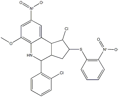 1-chloro-4-(2-chlorophenyl)-8-nitro-2-({2-nitrophenyl}sulfanyl)-6-methoxy-2,3,3a,4,5,9b-hexahydro-1H-cyclopenta[c]quinoline Struktur