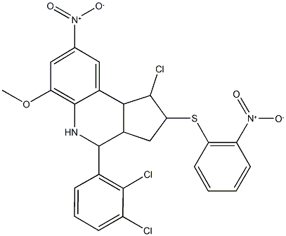 1-chloro-4-(2,3-dichlorophenyl)-8-nitro-2-({2-nitrophenyl}sulfanyl)-6-methoxy-2,3,3a,4,5,9b-hexahydro-1H-cyclopenta[c]quinoline 结构式