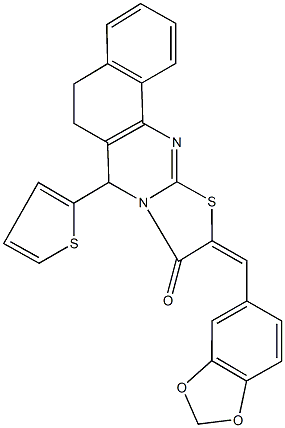 10-(1,3-benzodioxol-5-ylmethylene)-7-(2-thienyl)-5,7-dihydro-6H-benzo[h][1,3]thiazolo[2,3-b]quinazolin-9(10H)-one 结构式