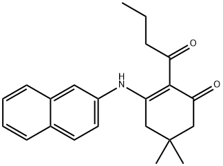 2-butyryl-5,5-dimethyl-3-(2-naphthylamino)-2-cyclohexen-1-one Struktur