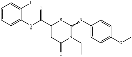 3-ethyl-N-(2-fluorophenyl)-2-[(4-methoxyphenyl)imino]-4-oxo-1,3-thiazinane-6-carboxamide 结构式