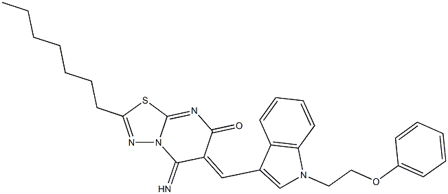 2-heptyl-5-imino-6-{[1-(2-phenoxyethyl)-1H-indol-3-yl]methylene}-5,6-dihydro-7H-[1,3,4]thiadiazolo[3,2-a]pyrimidin-7-one 化学構造式