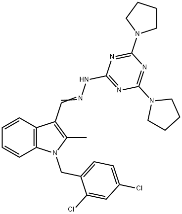 1-(2,4-dichlorobenzyl)-2-methyl-1H-indole-3-carbaldehyde (4,6-dipyrrolidin-1-yl-1,3,5-triazin-2-yl)hydrazone 化学構造式