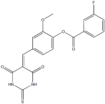 4-[(4,6-dioxo-2-thioxotetrahydro-5(2H)-pyrimidinylidene)methyl]-2-methoxyphenyl3-fluorobenzoate Structure