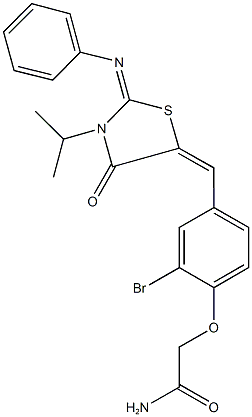2-(2-bromo-4-{[3-isopropyl-4-oxo-2-(phenylimino)-1,3-thiazolidin-5-ylidene]methyl}phenoxy)acetamide Struktur