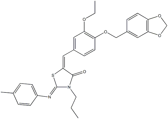 5-[4-(1,3-benzodioxol-5-ylmethoxy)-3-ethoxybenzylidene]-2-[(4-methylphenyl)imino]-3-propyl-1,3-thiazolidin-4-one 化学構造式