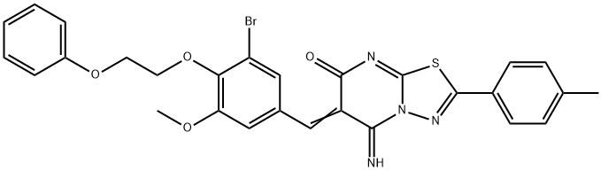 6-[3-bromo-5-methoxy-4-(2-phenoxyethoxy)benzylidene]-5-imino-2-(4-methylphenyl)-5,6-dihydro-7H-[1,3,4]thiadiazolo[3,2-a]pyrimidin-7-one Struktur