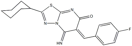 2-cyclohexyl-6-(4-fluorobenzylidene)-5-imino-5,6-dihydro-7H-[1,3,4]thiadiazolo[3,2-a]pyrimidin-7-one Struktur