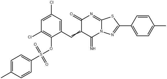 2,4-dichloro-6-[(5-imino-2-(4-methylphenyl)-7-oxo-5H-[1,3,4]thiadiazolo[3,2-a]pyrimidin-6(7H)-ylidene)methyl]phenyl 4-methylbenzenesulfonate Struktur