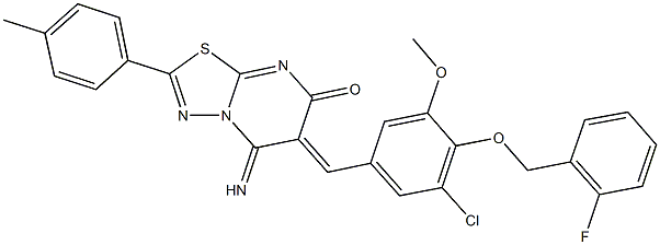 6-{3-chloro-4-[(2-fluorobenzyl)oxy]-5-methoxybenzylidene}-5-imino-2-(4-methylphenyl)-5,6-dihydro-7H-[1,3,4]thiadiazolo[3,2-a]pyrimidin-7-one Structure