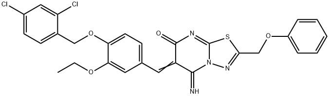 6-{4-[(2,4-dichlorobenzyl)oxy]-3-ethoxybenzylidene}-5-imino-2-(phenoxymethyl)-5,6-dihydro-7H-[1,3,4]thiadiazolo[3,2-a]pyrimidin-7-one Struktur