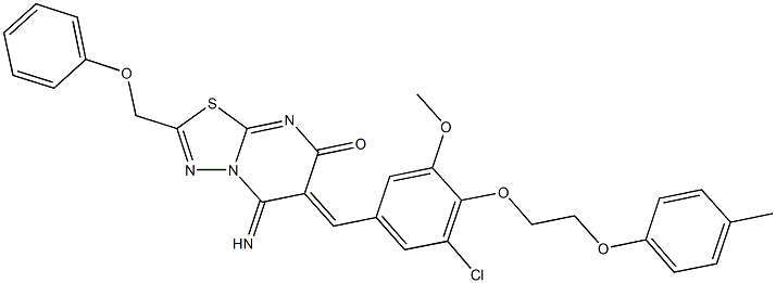 6-{3-chloro-5-methoxy-4-[2-(4-methylphenoxy)ethoxy]benzylidene}-5-imino-2-(phenoxymethyl)-5,6-dihydro-7H-[1,3,4]thiadiazolo[3,2-a]pyrimidin-7-one 结构式