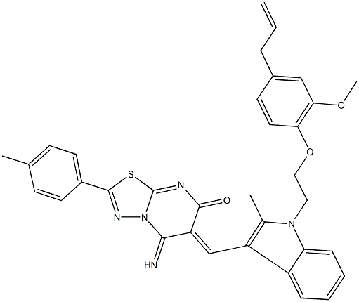 6-({1-[2-(4-allyl-2-methoxyphenoxy)ethyl]-2-methyl-1H-indol-3-yl}methylene)-5-imino-2-(4-methylphenyl)-5,6-dihydro-7H-[1,3,4]thiadiazolo[3,2-a]pyrimidin-7-one Struktur