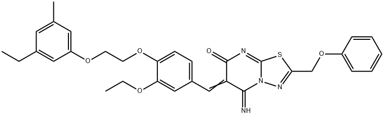 6-{3-ethoxy-4-[2-(3-ethyl-5-methylphenoxy)ethoxy]benzylidene}-5-imino-2-(phenoxymethyl)-5,6-dihydro-7H-[1,3,4]thiadiazolo[3,2-a]pyrimidin-7-one 化学構造式