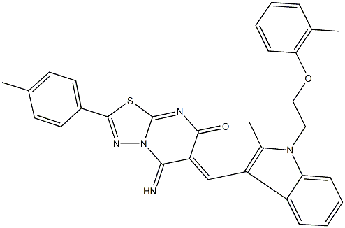 5-imino-6-({2-methyl-1-[2-(2-methylphenoxy)ethyl]-1H-indol-3-yl}methylene)-2-(4-methylphenyl)-5,6-dihydro-7H-[1,3,4]thiadiazolo[3,2-a]pyrimidin-7-one 结构式