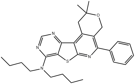 N,N-dibutyl-N-(2,2-dimethyl-5-phenyl-1,4-dihydro-2H-pyrano[4'',3'':4',5']pyrido[3',2':4,5]thieno[3,2-d]pyrimidin-8-yl)amine 化学構造式