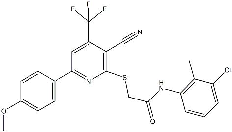 N-(3-chloro-2-methylphenyl)-2-{[3-cyano-6-(4-methoxyphenyl)-4-(trifluoromethyl)-2-pyridinyl]sulfanyl}acetamide 化学構造式