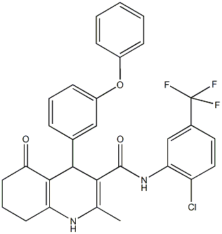 N-[2-chloro-5-(trifluoromethyl)phenyl]-2-methyl-5-oxo-4-(3-phenoxyphenyl)-1,4,5,6,7,8-hexahydro-3-quinolinecarboxamide 化学構造式