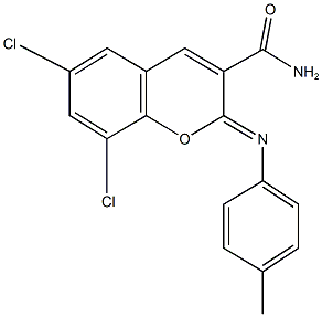 6,8-dichloro-2-[(4-methylphenyl)imino]-2H-chromene-3-carboxamide 结构式
