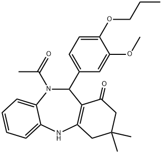 10-acetyl-11-(3-methoxy-4-propoxyphenyl)-3,3-dimethyl-2,3,4,5,10,11-hexahydro-1H-dibenzo[b,e][1,4]diazepin-1-one Struktur