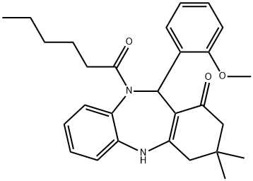 10-hexanoyl-11-(2-methoxyphenyl)-3,3-dimethyl-2,3,4,5,10,11-hexahydro-1H-dibenzo[b,e][1,4]diazepin-1-one 结构式
