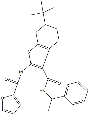 N-(6-tert-butyl-3-{[(1-phenylethyl)amino]carbonyl}-4,5,6,7-tetrahydro-1-benzothien-2-yl)-2-furamide 化学構造式