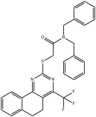 N,N-dibenzyl-2-{[4-(trifluoromethyl)-5,6-dihydrobenzo[h]quinazolin-2-yl]sulfanyl}acetamide Struktur