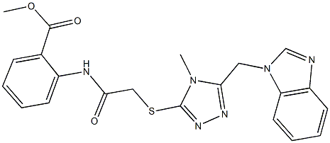 methyl 2-[({[5-(1H-benzimidazol-1-ylmethyl)-4-methyl-4H-1,2,4-triazol-3-yl]sulfanyl}acetyl)amino]benzoate 化学構造式