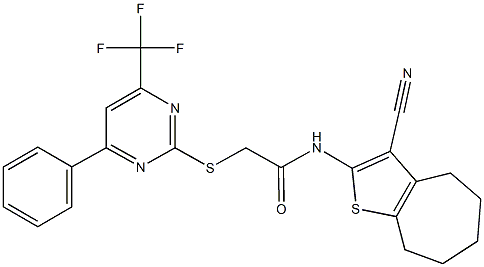 N-(3-cyano-5,6,7,8-tetrahydro-4H-cyclohepta[b]thien-2-yl)-2-{[4-phenyl-6-(trifluoromethyl)-2-pyrimidinyl]sulfanyl}acetamide 化学構造式