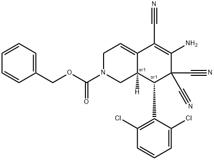 benzyl 6-amino-5,7,7-tricyano-8-(2,6-dichlorophenyl)-3,7,8,8a-tetrahydro-2(1H)-isoquinolinecarboxylate Struktur