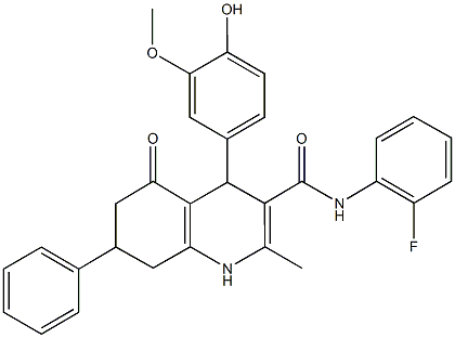 N-(2-fluorophenyl)-4-(4-hydroxy-3-methoxyphenyl)-2-methyl-5-oxo-7-phenyl-1,4,5,6,7,8-hexahydro-3-quinolinecarboxamide Struktur