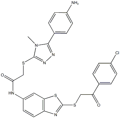 2-{[5-(4-aminophenyl)-4-methyl-4H-1,2,4-triazol-3-yl]sulfanyl}-N-(2-{[2-(4-chlorophenyl)-2-oxoethyl]sulfanyl}-1,3-benzothiazol-6-yl)acetamide 结构式