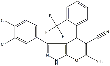 6-amino-3-(3,4-dichlorophenyl)-4-[2-(trifluoromethyl)phenyl]-1,4-dihydropyrano[2,3-c]pyrazole-5-carbonitrile 结构式