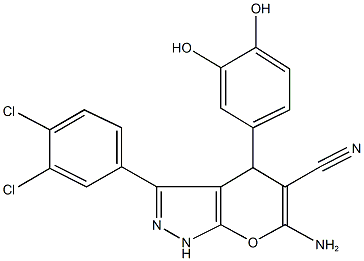 6-amino-3-(3,4-dichlorophenyl)-4-(3,4-dihydroxyphenyl)-1,4-dihydropyrano[2,3-c]pyrazole-5-carbonitrile 化学構造式